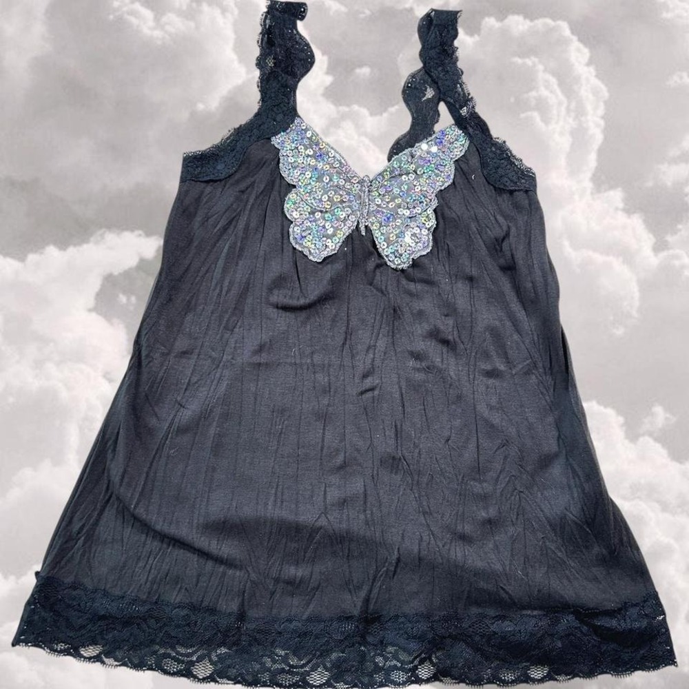 Y2K sequin butterfly festival black lace camisole tank top